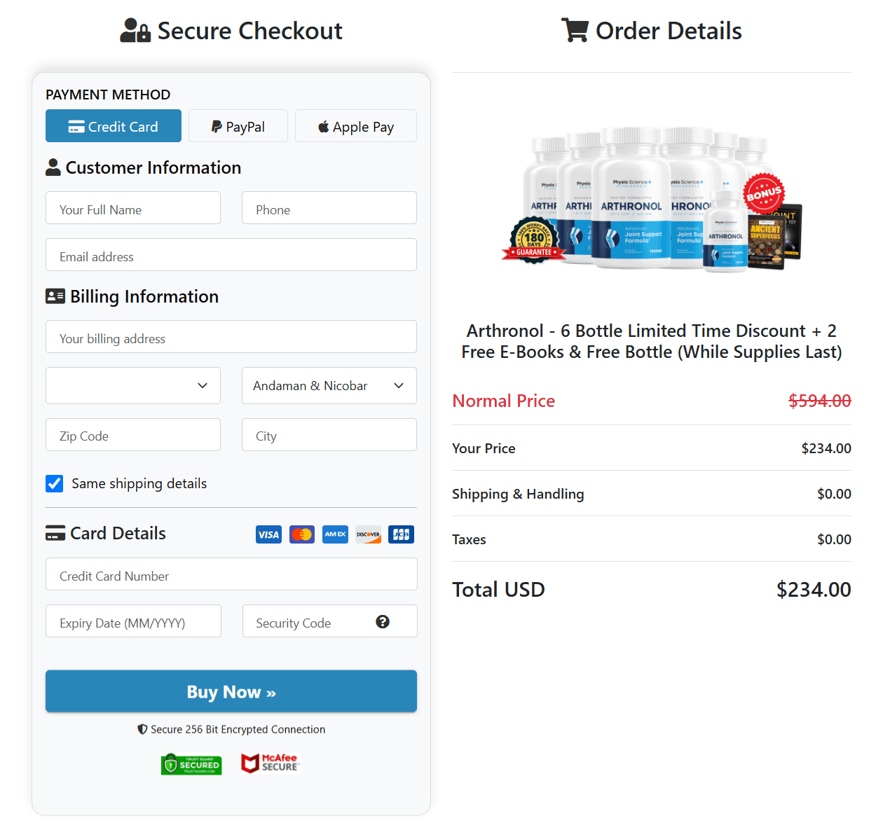 Arthronol checkout page